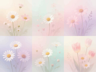 Obraz premium Set of Six Soft Abstract Watercolor Floral Backgrounds with Daisies and Tulips