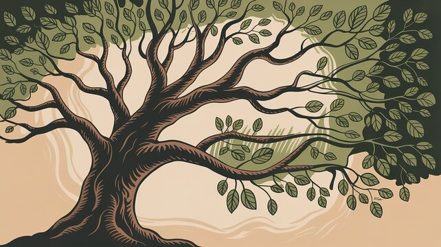 Tree with sprawling branches and green leaves