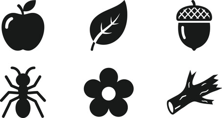 Flat black and white nature icons set with apple, leaf, acorn, ant, flower, and twig Vector © MstSabrina