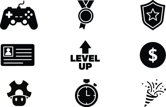 Flat black and white icons set for gaming level up achievements Vector