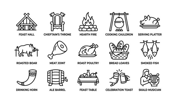 Icons of medieval feast elements on white background