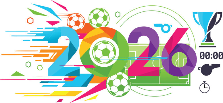 Vibrant colorful illustration celebrating the year 2026 with a soccer theme