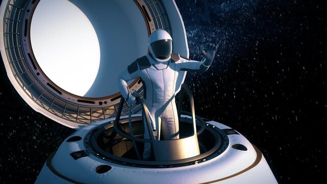 Astronaut in a spacesuit exits a futuristic spacecraft into open space and waves hand near Earth orbit, cinematic realistic 3D animation of human space exploration.