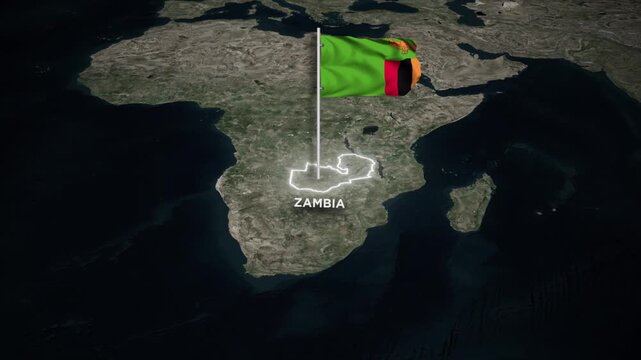 Zambia Map Animation with 3D Waving of Zambia National Flag and Glowing Border Animation on World Map