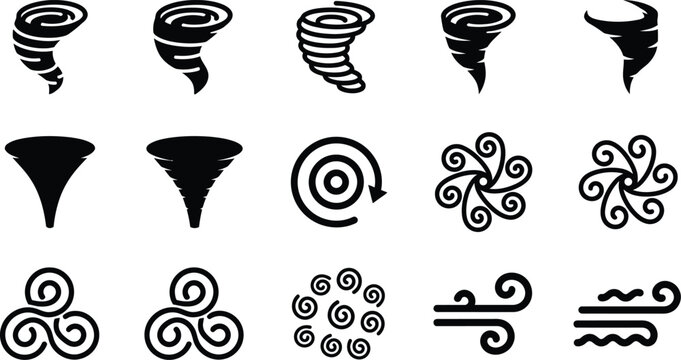 Black and white tornado and cyclone abstract vector icons set Vector
