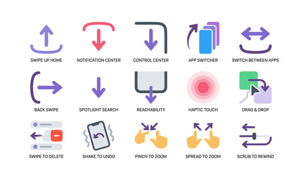 Smartphone gesture icons for navigation and touch on white