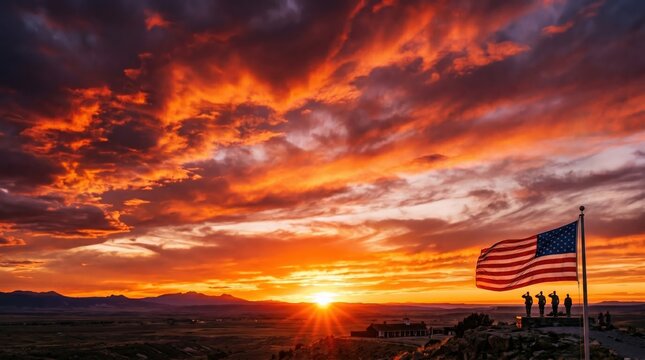 American flag and silhouetted figures commemorate 250th usa independence day at a dramatic orange sunset.