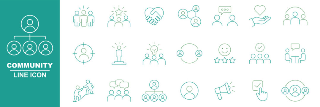 Modern Community web icons in line style. People, family, friendship, community, neighborhood, inclusion. Editable stroke. Vector illustration. charity web icons set. help, assistance, volunteer icons