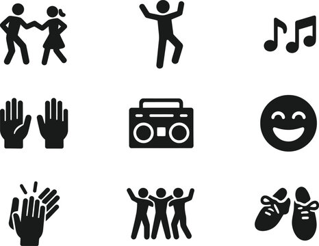 Set of nine black silhouette icons representing party, music, dancing, and celebration Vector