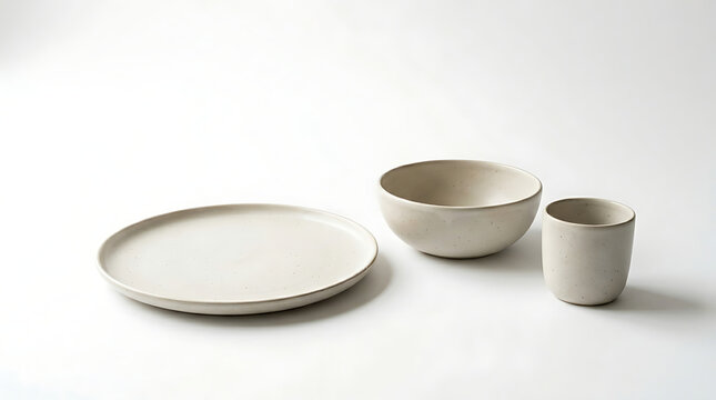 simple ceramic plate bowl and cup on white background