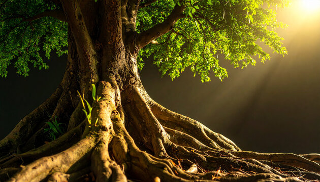 Ancient tree with exposed gnarled roots and vibrant green leaves bathed in golden sunlight 
