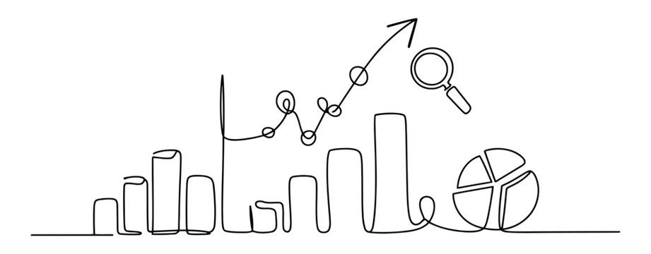 Data analysis continuous line art, business graph and charts on transparent background.