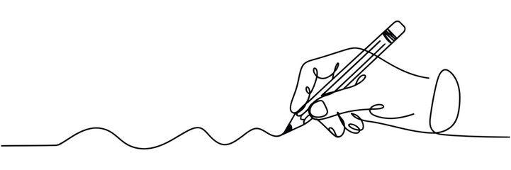 Fototapeta premium Human hand writing with pencil using continuous line drawing technique.