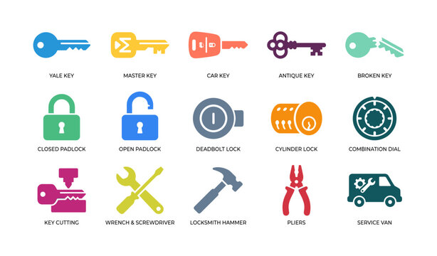 Set of colorful key and lock icons displayed on white background