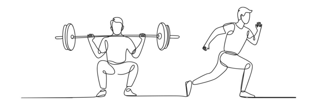 Man exercising with barbell and running. continuous one line drawing sportsman.