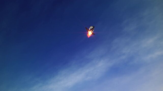 Cinematic landing of a reusable rocket booster with deployed legs and active engines, realistic 3D animation of advanced private space technology.