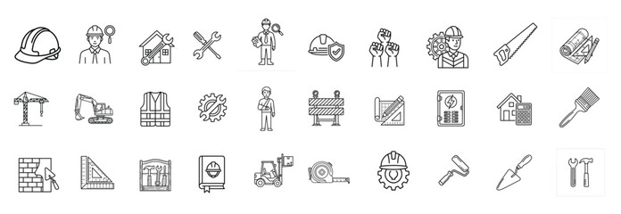 Fototapeta premium Construction and Engineering Line Art Icon Set – Building, Tools, and Safety Symbols