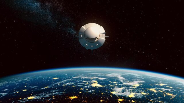 Front view of a futuristic spacecraft approaching in Earth orbit and opening a docking hatch, cinematic realistic 3D animation of advanced space technology and exploration.