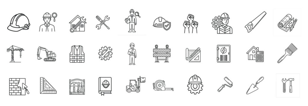 Construction and Engineering Line Art Icon Set &ndash; Building, Tools, and Safety Symbols
