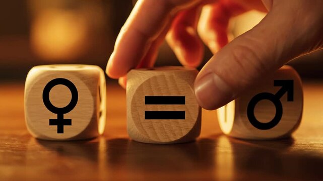 Gender equality concept: hand placing wooden dice with male and female symbols