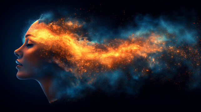 Profile of a woman with head dissolving into fire, golden particles and blue smoke in dark space