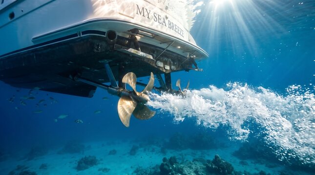 Underwater view of yacht propellers creating powerful bubbles in clear blue tropical ocean, symbolizing luxury adventure and marine engineering.