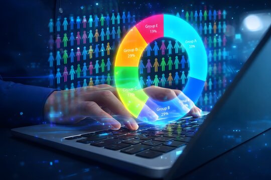 Demographic analysis. Market segmentation and target audience analytics. Businessperson using laptop computer to analyze statistical data.