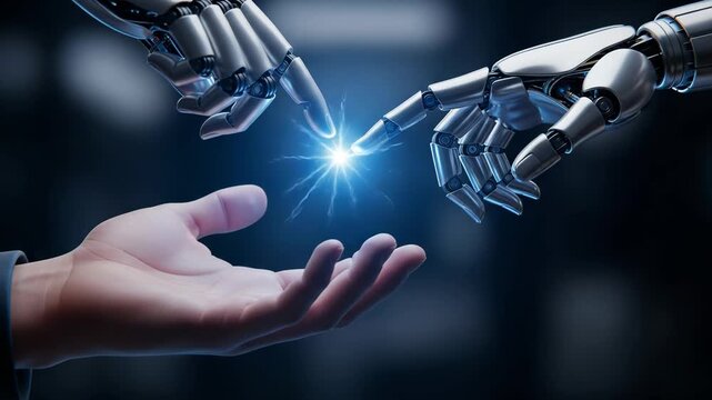 Robotic hands reaching toward a human hand with electric spark