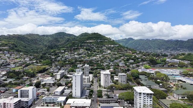View of residential apartments, condos, and homes on the hillside in the Makiki area near Punahou in Honolulu on Oahu, Hawaii. 