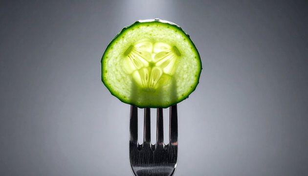 Fresh green cucumber slice backlit and impaled on a silver metal fork against a gradient gray background
