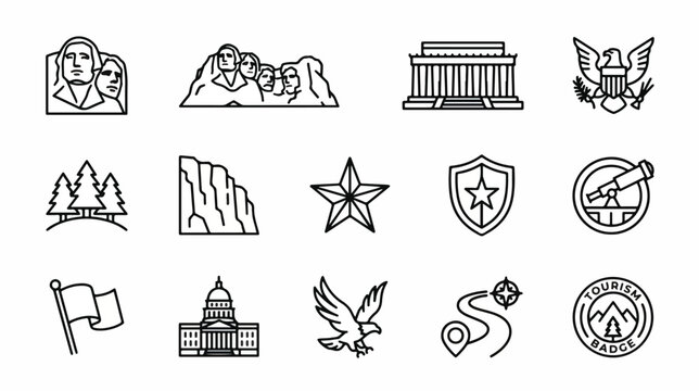 Mount Rushmore national memorial line art icons with american symbols on a white background