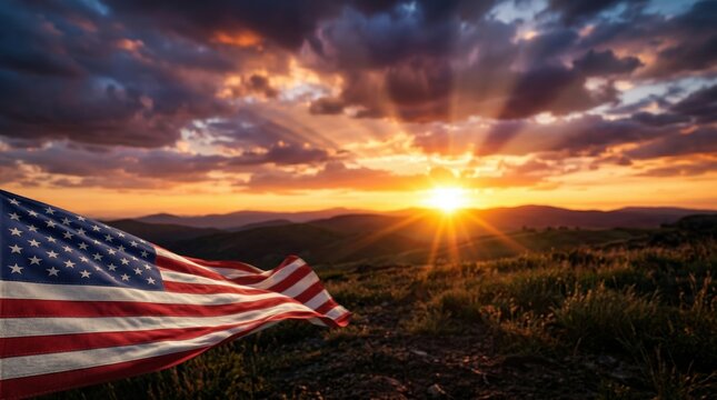 A majestic american flag waves on a grassy hill under a dramatic golden sunset, celebrating the 250th usa independence day.