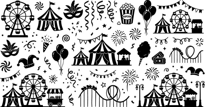 Carnival festival silhouette collection featuring circus tents ferris wheels fireworks balloons and amusement park elements isolated on white background.