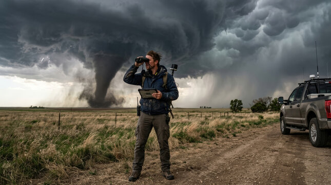 Man observing tornado in open field with stormy sky and equipment vehicle