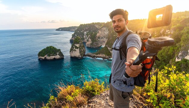 Capture the essence of adventure with this travel blogger vlogging at a breathtaking tropical viewpoint during golden hour. A perfect visual for global tourism and exploration content.