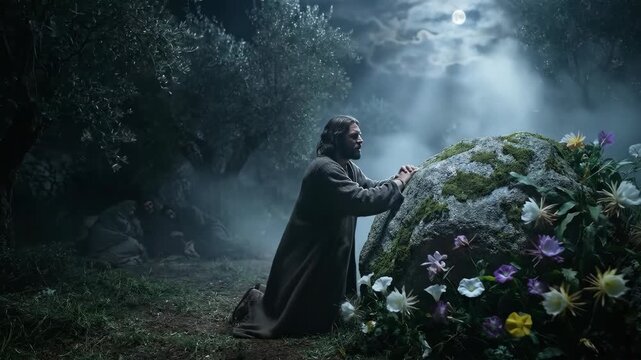 Jesus Christ kneeling in prayer by a rock in Gethsemane garden at night. Man in traditional robe praying under moonlight with flowers. Biblical scene of faith.