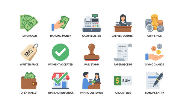 Payment and cashier icons showing transactions on white background