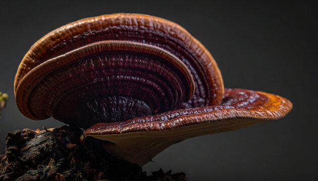 Side view of a glossy dark brown and reddish-brown Ganoderma lucidum mushroom stacked on dark wood 