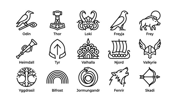 Norse gods and mythological symbols arranged in grid