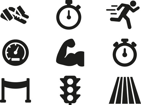 Flat icons set of sports and fitness activities with stopwatch and traffic signals Vector