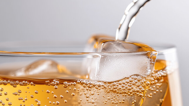 Refreshing amber liquid pouring into a glass with ice cubes, creating an effervescent bubbly drink, symbolizing healthy choices, hydration, and a delicious zero ABV beverage
