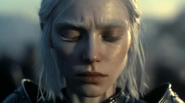 Close-up of a fantasy warrior face in realistic style on a soft blurred outdoor background, concept of strength and resolve