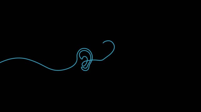 Continuous line drawing of two ears connected by a heart. Minimalist 4k animation for hearing care, empathy, and health awareness on a black background.