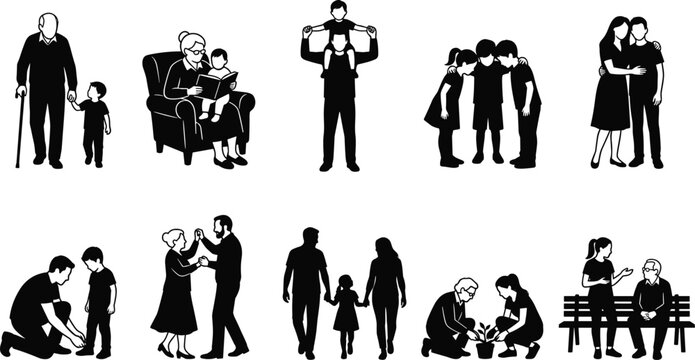 Family Bonding and Intergenerational Relationships Icons Set for Parenthood, Grandparents, and Childcare in Digital Designs