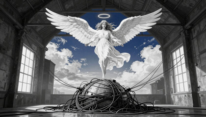 Naklejka premium Serene Angel with Wings Over Abandoned Industrial Hall with Metallic Sphere