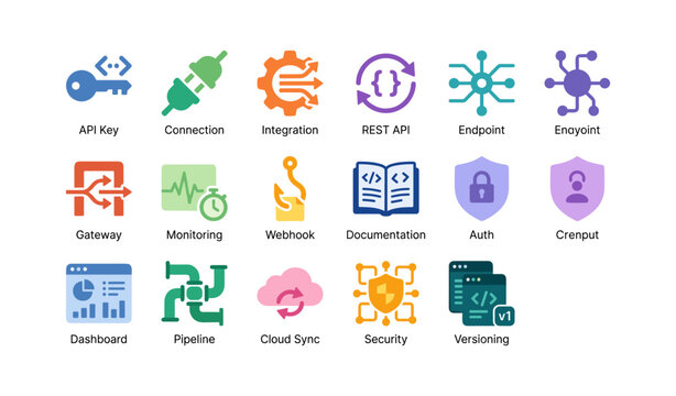 Api integration icons for developer tools on white background