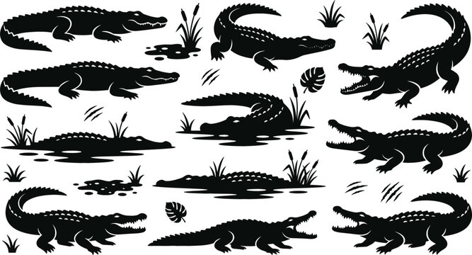 Crocodile silhouette collection featuring wild reptile poses swamp wildlife and dangerous predator illustrations isolated on white background.