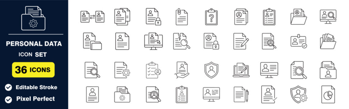 Personal data icon set, privacy and document management line art symbols