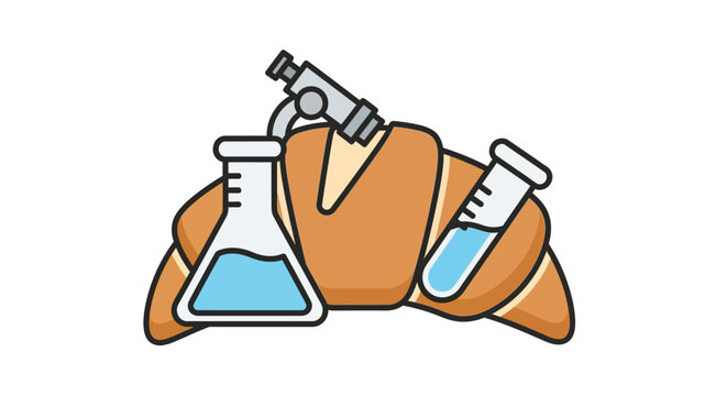 Science and Food Concept with Croissant, Microscope, Flask, and Test Tube on Isolated White Background