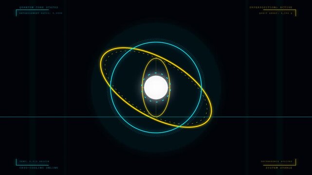 A spinning quantum computing gyroscope core bathed in neon light, representing advanced sci-fi server technology and data processing.